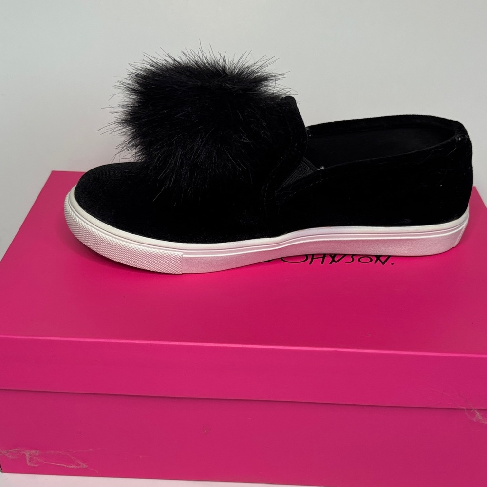 Betsey Johnson Black Sneakers with fuzzy Pom Pom